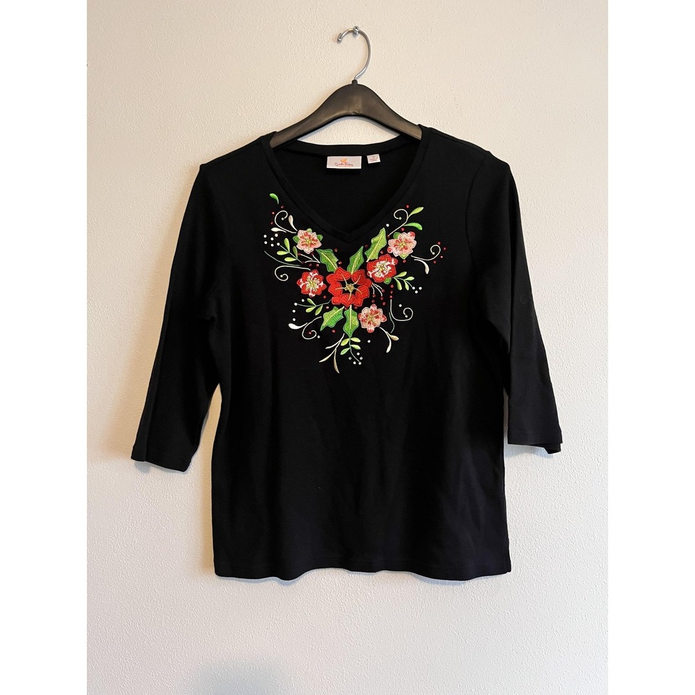 Quacker Factory Shirt Womens Medium Black Floral Embroidered V Neck 3/4 Sleeve